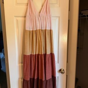 Anthropologie Raya Colorblock Maxi Dress in Pink, Tan, and Brown